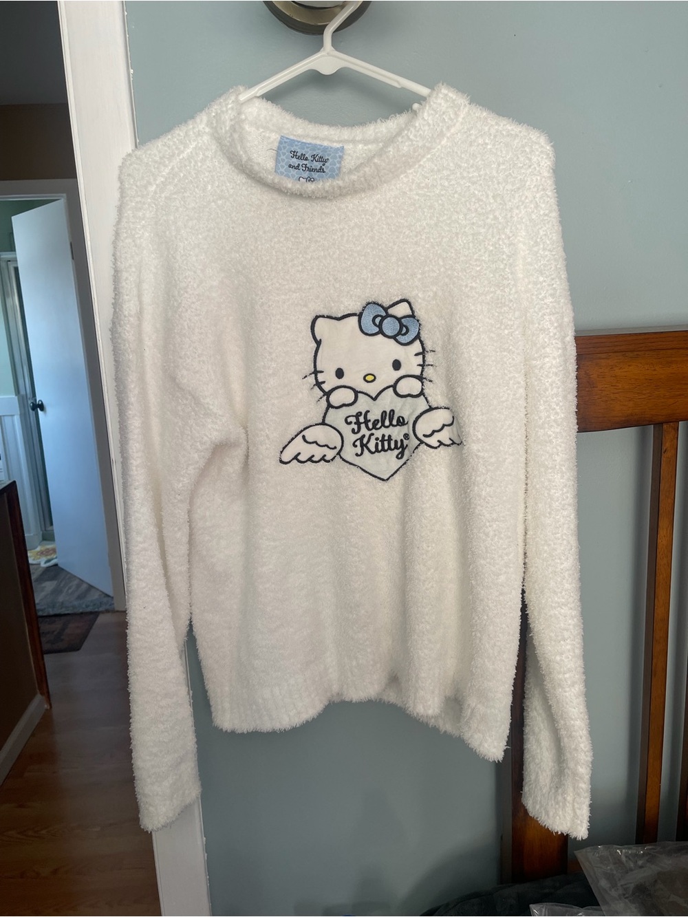 Hello Kitty White Plush Crewneck Sweater with Blue Bow